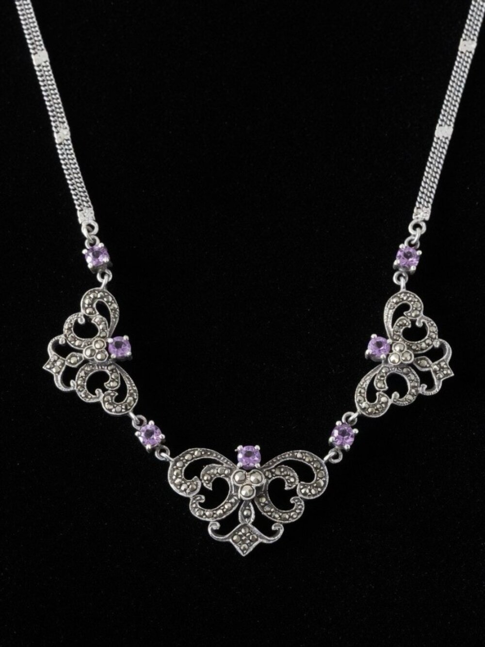 Art Deco Vintage Synthetic Amethyst Dangle Drop Necklace Sterling Silver 17”